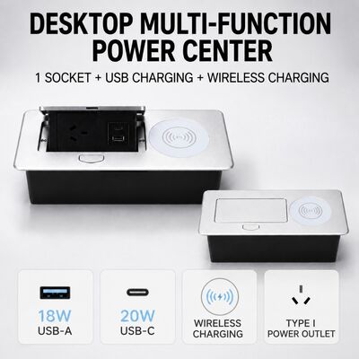 SAA Certified Aluminum Recessed Pop-Up Desk Power Outlet with 15W Wireless Charger, 20W USB-C PD & 18W QC USB-A