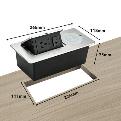 SAA Certified Aluminum Recessed Pop-Up Desk Power Outlet with 15W Wireless Charger, 20W USB-C PD & 18W QC USB-A