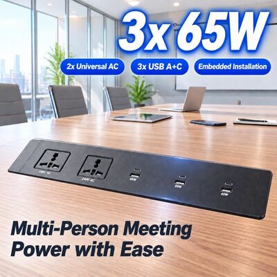 65W GaN Recessed Desk Power Strip with 3 USB, Flush Aluminum Socket for Office Furniture
