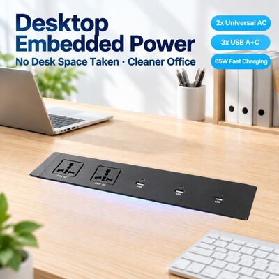 65W GaN Recessed Power Strip with 3 USB and Flush Aluminum Socket for Office Furniture