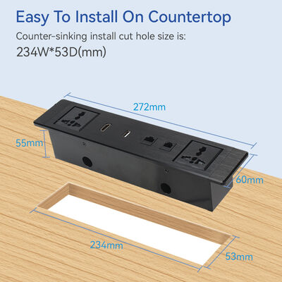 Aluminum Alloy Recessed Power Strip with HDMI and CAT6 for Conference Room Desks