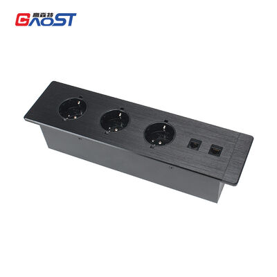 Aluminum Alloy Embedded Desktop Socket Hub 3 Way Type F Schuko Sockets & Dual LAN Ports for Corporate Meeting Rooms Executive Desks