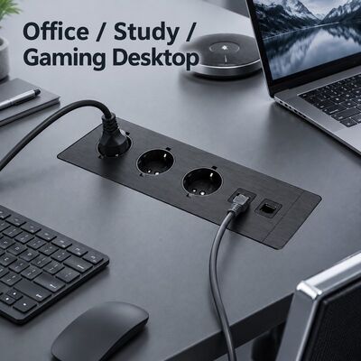 3 Way Type F Schuko Sockets Recessed Power Strip with Dual LAN Ports and Aluminum Alloy Faceplate Desktop Socket Hub