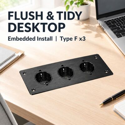 3 Way Aluminum Alloy Recessed Power Strip V0 Flame Retardant Desktop Socket Flush-Mount Power Hub for Office Desks