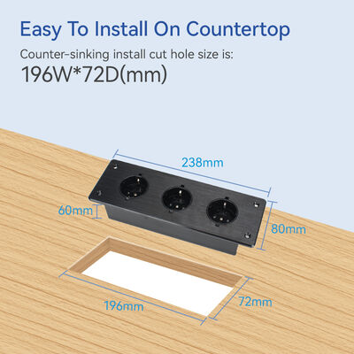 3 Way Aluminum Alloy Embedded Desktop Socket - Flush-Mount Schuko Power Hub with V0 Flame Retardant Housing for Workstations  Office Desks
