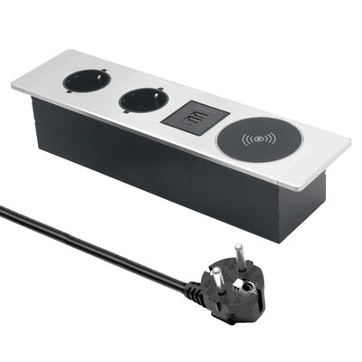 Flush Mount Desk Socket Hub 2 Schuko Outlets USB Charging 15W Wireless Charger Panel