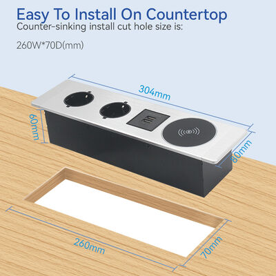 Flush Mount Desk Socket Hub 2 Schuko Outlets USB Charging 15W Wireless Charger Panel