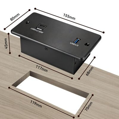 65W USB-C Fast Charging Recessed Power Strip with Aluminum Alloy Faceplate and USB 3.0 Data Transfer Flush Mount Desk Socket