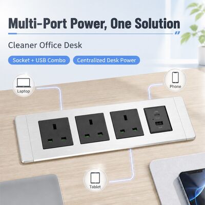 Recessed Power Strip Flush Mount Desk Power Socket with 3 UK Outlets Dual USB Ports and 65W USB PD Charging
