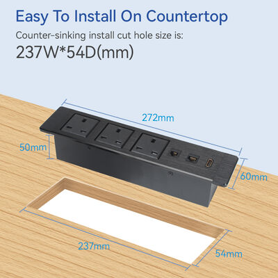 65W USB-C Recessed Power Strip with 3 UK Sockets and HDMI Multimedia Panel for Conference Tables