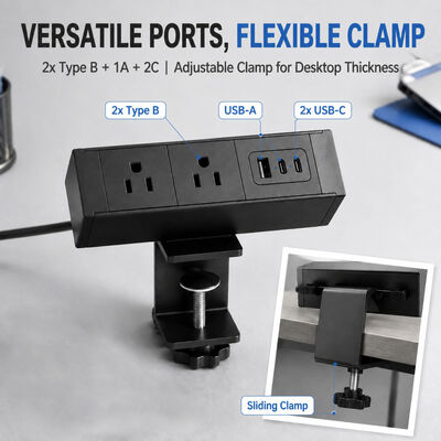 Adjustable Clamp Desk Power Strip with 65W USB C Laptop Charging
