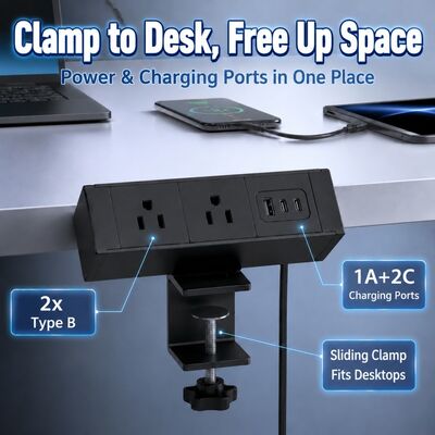 Adjustable Clamp Desk Power Strip with 65W USB C Laptop Charging