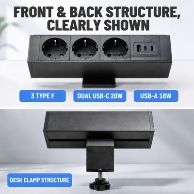 No Drill Desk Clamp Power Outlet with 3 Type F Sockets and 65W USB C for Clamp On Desk Power Strip